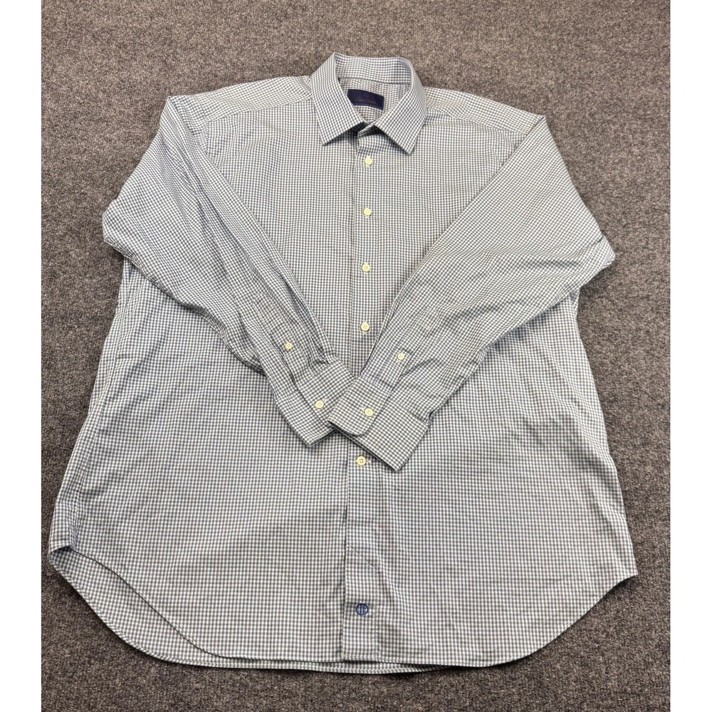 David Donahue Button Down Shirt Mens 18 34/35 Blue Green Gingham Preppy Business